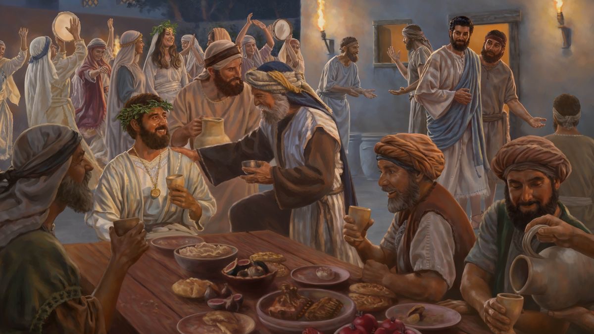 Jesus står i baggrunden ved en bryllupsfest mens brudeparret og deres gæster danser, spiser og glæder sig over den gode vin.