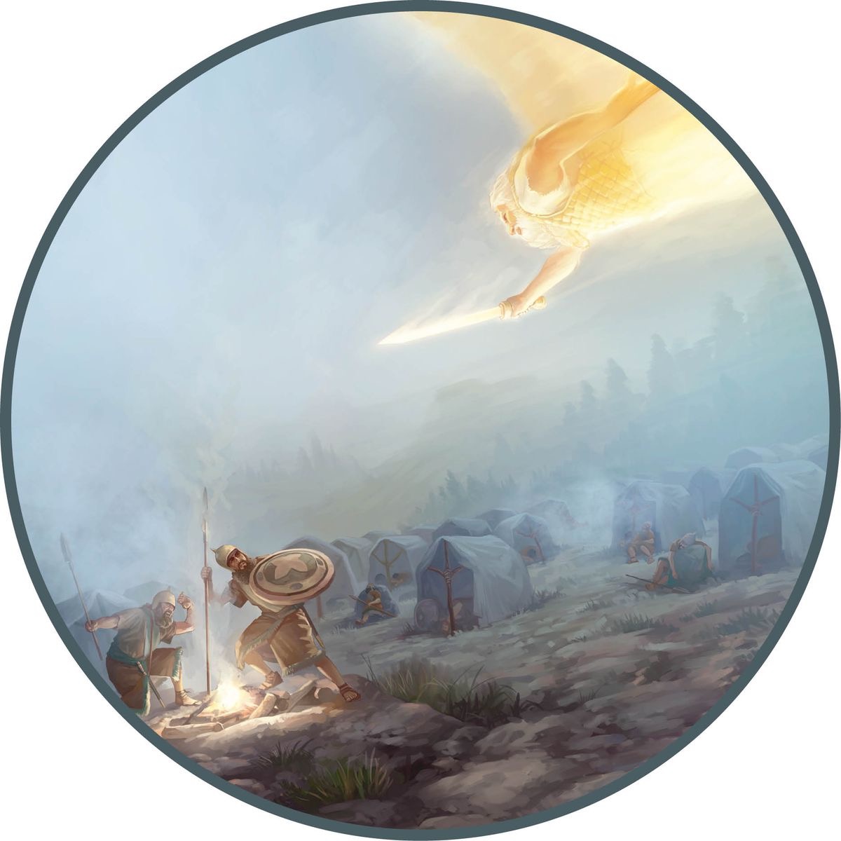 En engel med et sværd flyver hen mod den assyriske hær.