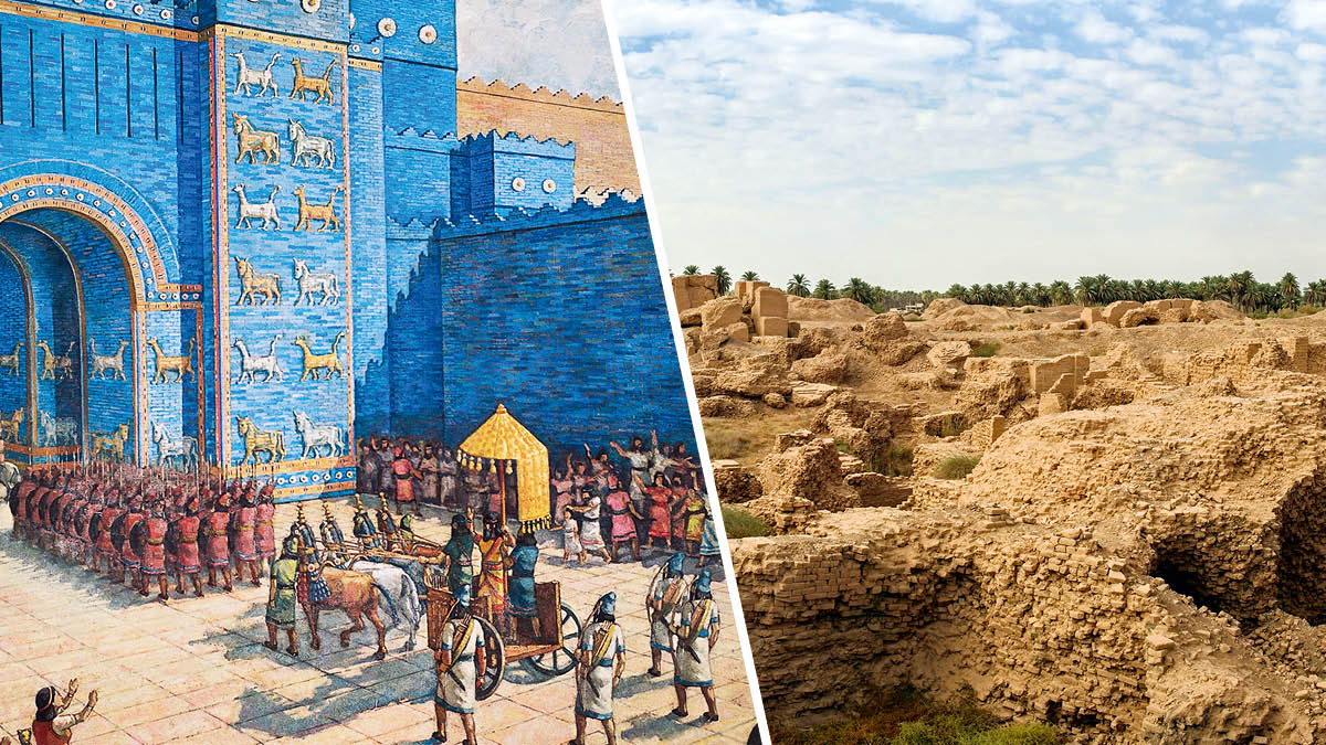 Collage: 1. Porten til den gamle by Babylon. Ude foran de massive mure er der en gruppe soldater i procession, heste og en vogn med en højtstående embedsmand. 2. Babylon i dag der ligger i ruiner.