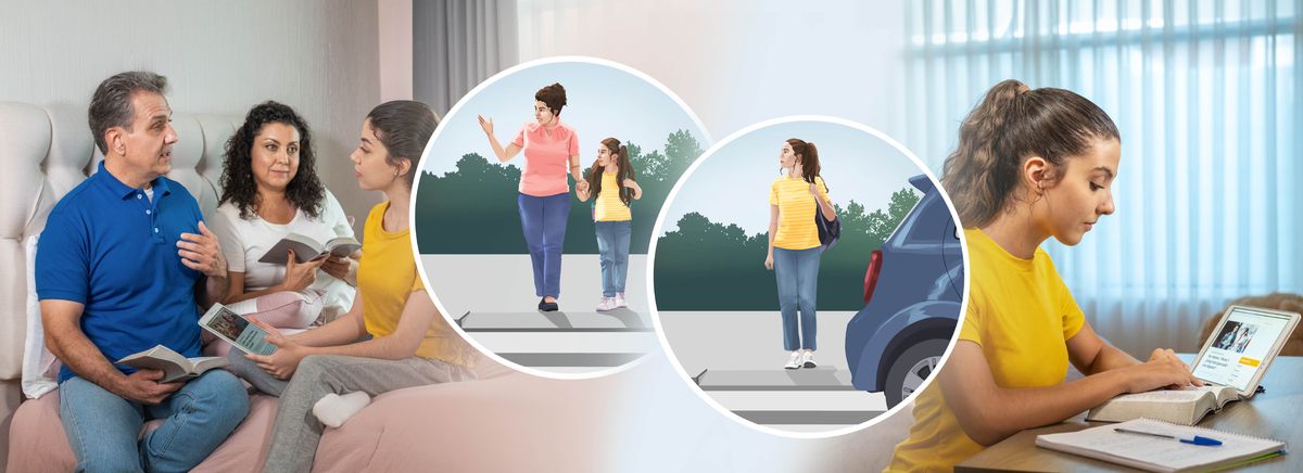Collage: 1. En ung søster lytter til sine forældre. Hun sidder med en artikel på sin tablet, og hendes forældre sidder med deres bibler åbne. 2. Den samme søster har personligt studie, og hun sidder med sin tablet, bibel og en notesblok. Små billeder: 1. En mor holder sin datter i hånden og minder hende om at hun skal kigge til begge sider inden de går over vejen. 2. Datteren er nu voksen og går selv over vejen.