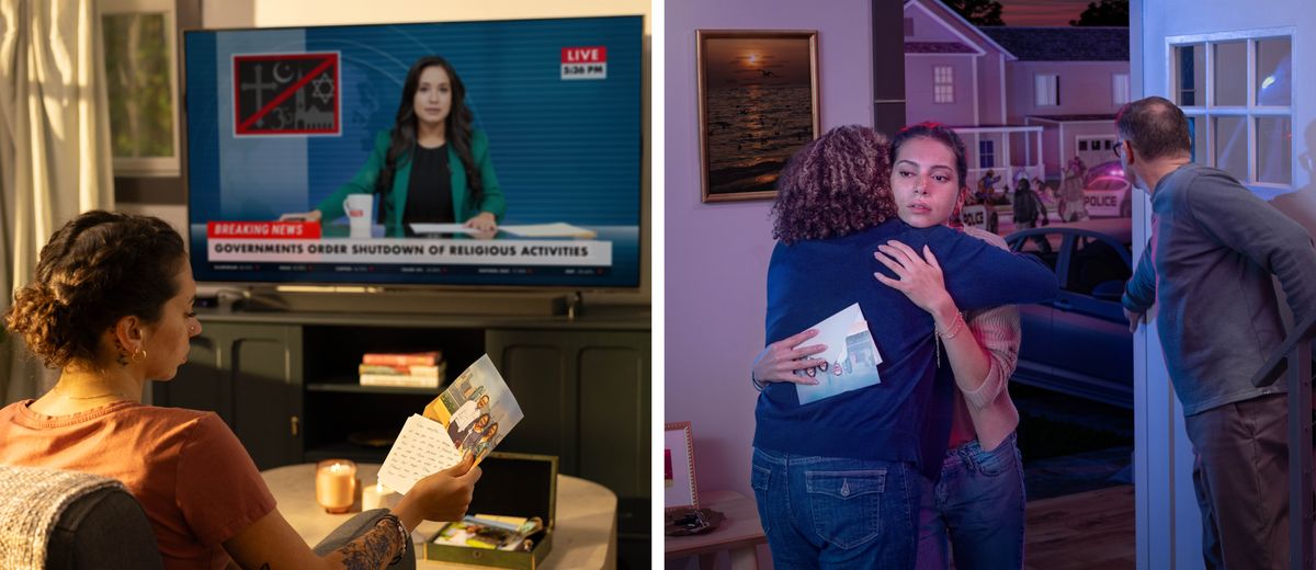 Collage: 1. En ung kvinde ser nyhederne i fjernsynet. Det handler om at al religiøs aktivitet skal standses. Hun holder et fotografi i hånden og tænker tilbage på den tid hvor hun tjente Jehova med sine forældre. 2. Senere tager hun hjem til sine forældre, der er meget glade for at se hende. På gaden foran huset kan man se at der er optøjer.