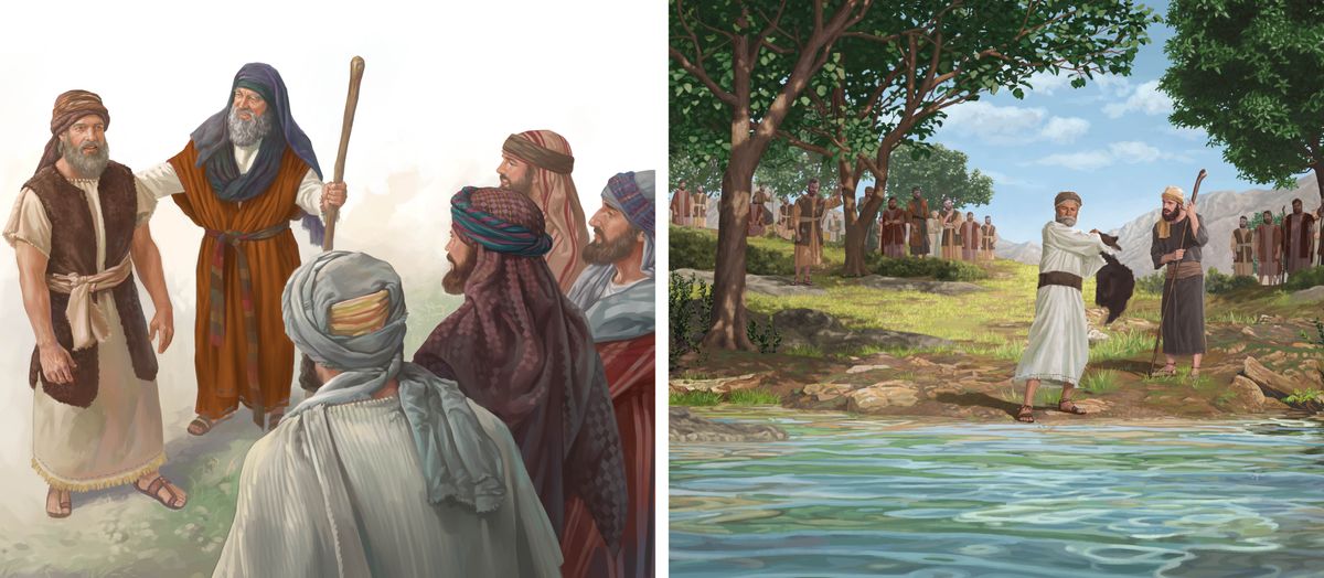 Collage: 1. Moses udnævner Josva som leder foran en gruppe israelitiske mænd. 2. Elisa ser på mens Elias skal til at slå på Jordanfloden med sin klædning. Andre profeter står i baggrunden og kigger på.
