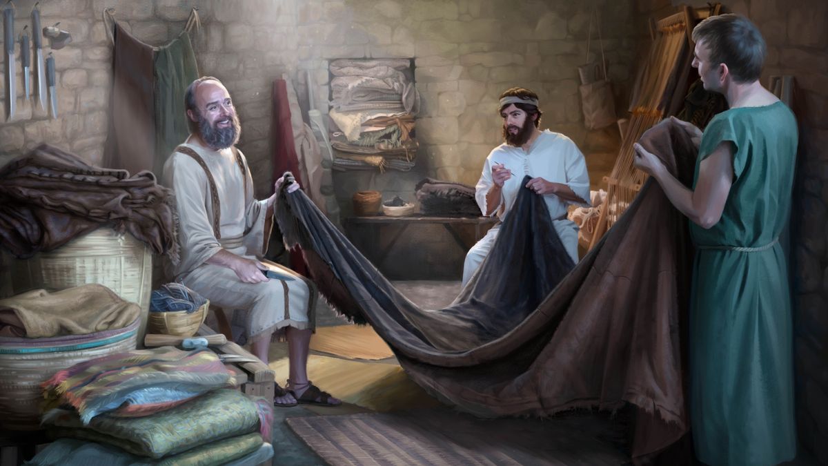 Apostlen Paulus og to andre mænd samarbejder om at sy et telt.