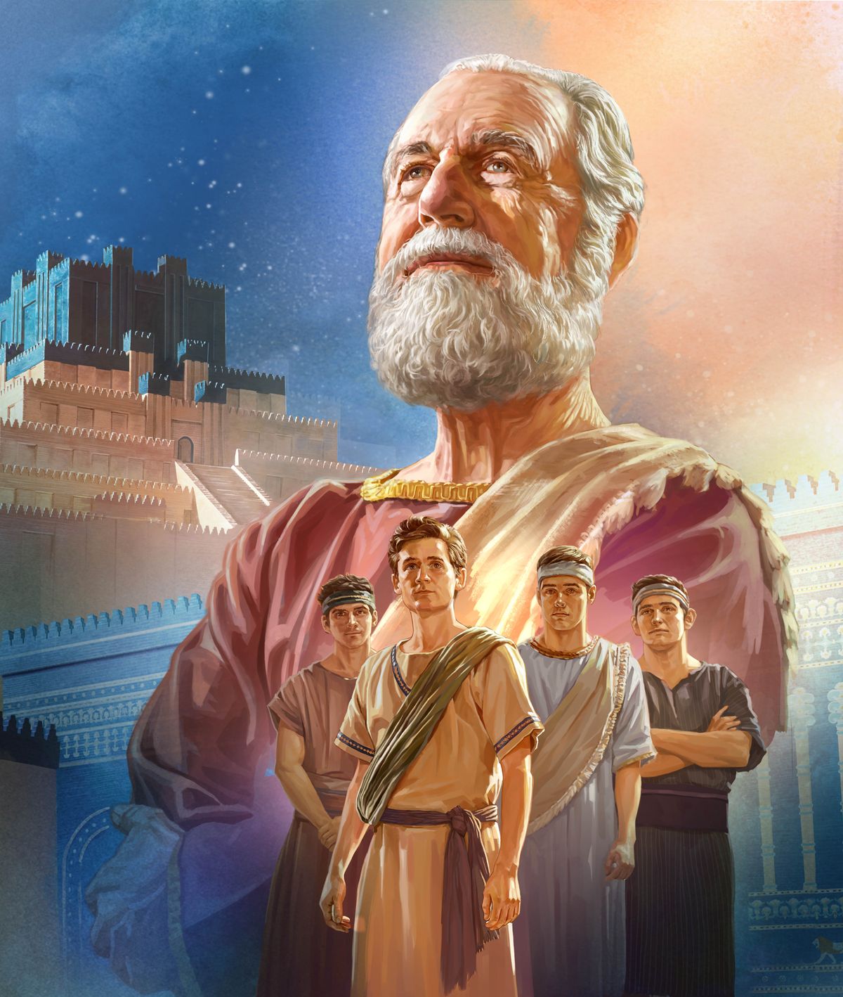 Collage: 1. Profeten Daniel som gammel. 2. Oldtidsbyen Babylon. 3. Daniel som ung sammen med sine tre hebraiske venner.