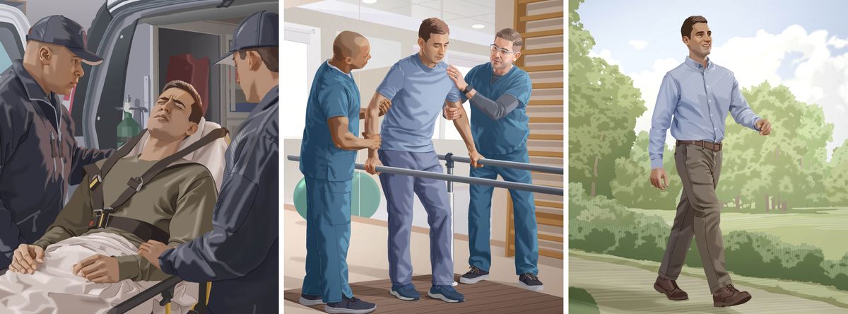 Collage: En bror der har været ude for en ulykke, kommer sig lidt efter lidt. 1. Paramedicinere tager ham med i en ambulance. 2. Han får hjælp af fysioterapeuter til at gå igen. 3. Han er kommet sig og går sikkert på benene igen.