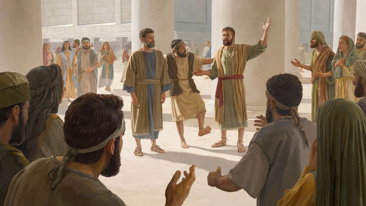 Peter og Johannes står i templet. Peter peger op mod himlen, og en mand der var født lam, men som nu er helbredt, står ved siden af dem.
