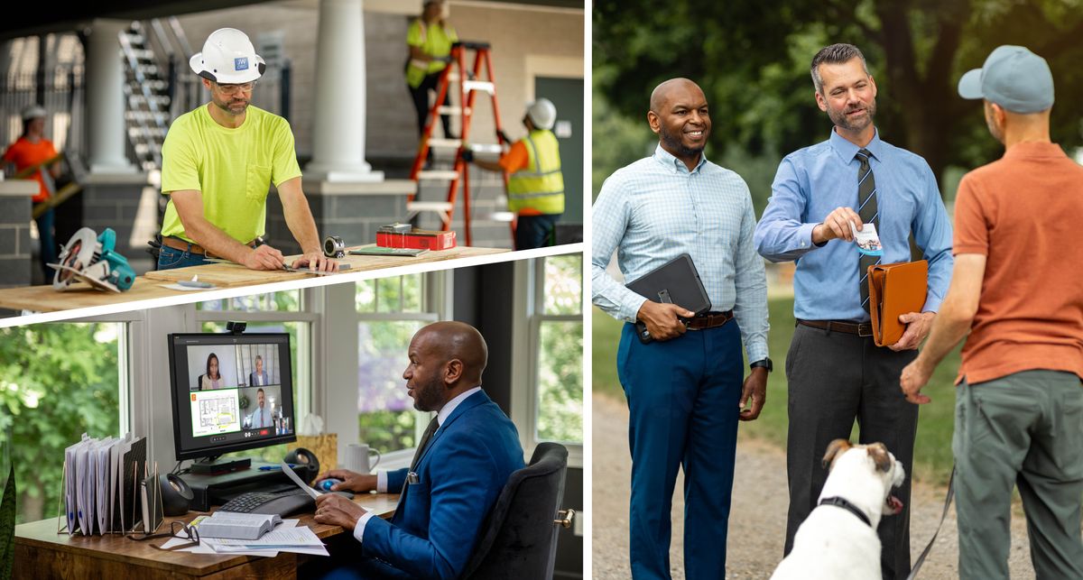 Collage: 1. En bror er med på et af organisationens byggeprojekter. 2. En anden bror sidder hjemme og hjælper Betel som remote frivillig. 3. Senere samarbejder de to brødre i forkyndelsen.