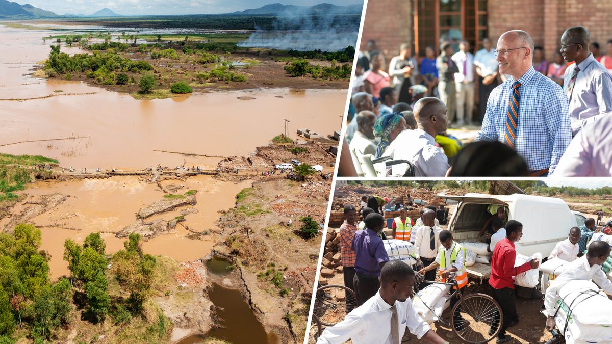 Collage: Vores trosfæller i Malawi modtager nødhjælp og får åndelig opmuntring efter en naturkatastrofe. 1. Et stort oversvømmet område. 2. Bror Gage Fleegle taler med nogle brødre og søstre. 3. Sække med mad bliver læsset af en varevogn.