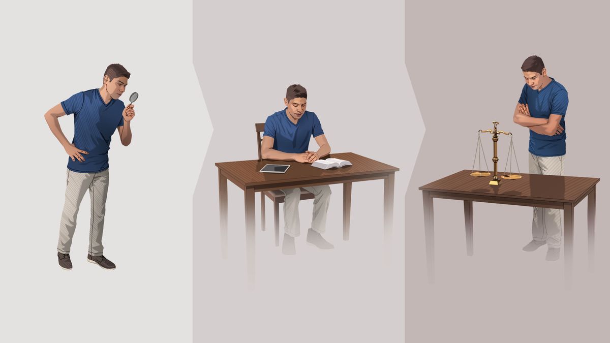 Collage: Illustrationer der viser hvilke skridt en ung bror kan tage for at træffe en klog beslutning. 1. Han kigger gennem et forstørrelsesglas. 2. Han beder. Hans bibel og tablet ligger på bordet foran ham. 3. Han ser undersøgende på en gammeldags vægt der står på hans bord.