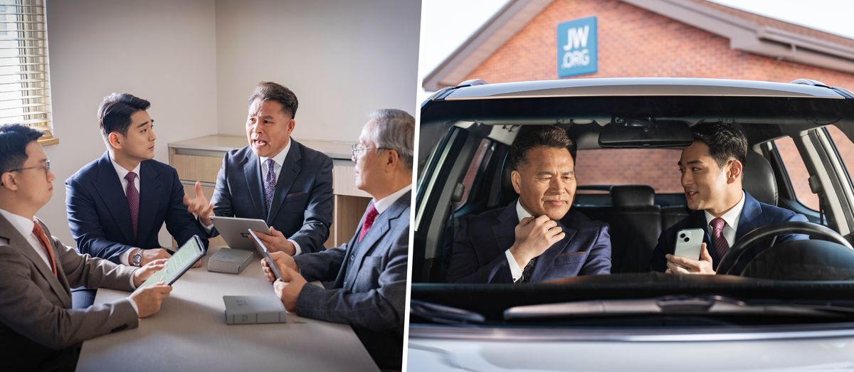 Collage: 1. Fire ældste mødes. En af de ældste taler hårdt til de andre. 2. Senere, da han sidder i bilen sammen med en yngre ældstebror, tager den yngre bror en snak med ham om den måde han talte på ved mødet.