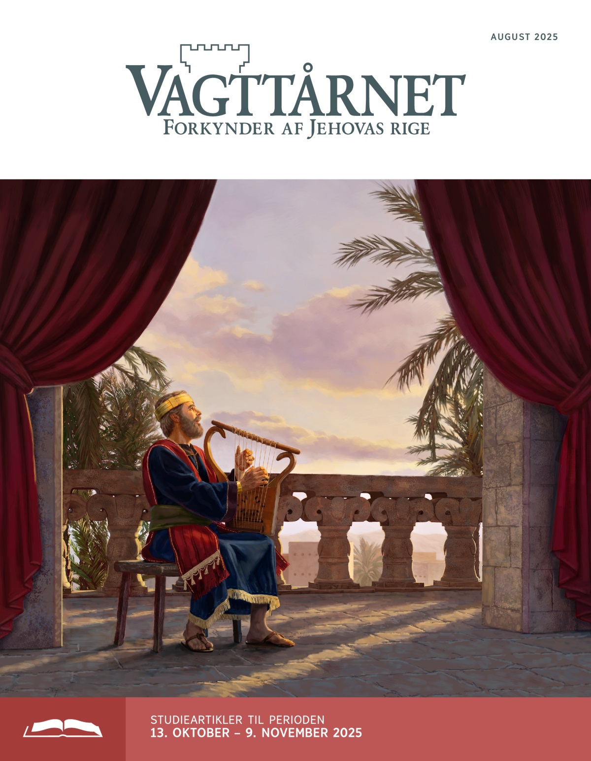 Kong David sidder på sin balkon og spiller på sin harpe og synger.