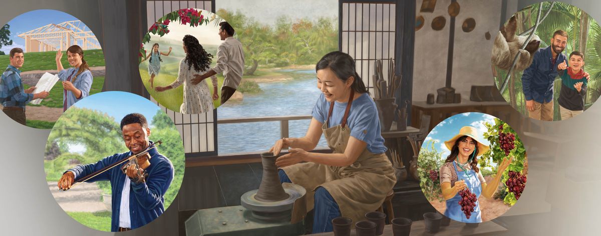 Collage: Brødre og søstre der nyder livet i Paradiset. 1. Et ægtepar bygger et hus. 2. En bror spiller på violin. 3. Et ægtepar løber hen imod deres datter som er blevet oprejst. 4. En søster former en krukke af ler på sin drejeskive i sit værksted. 5. En søster plukker store drueklaser. 6. En far og hans søn kigger på et dovendyr der hænger i et træ.