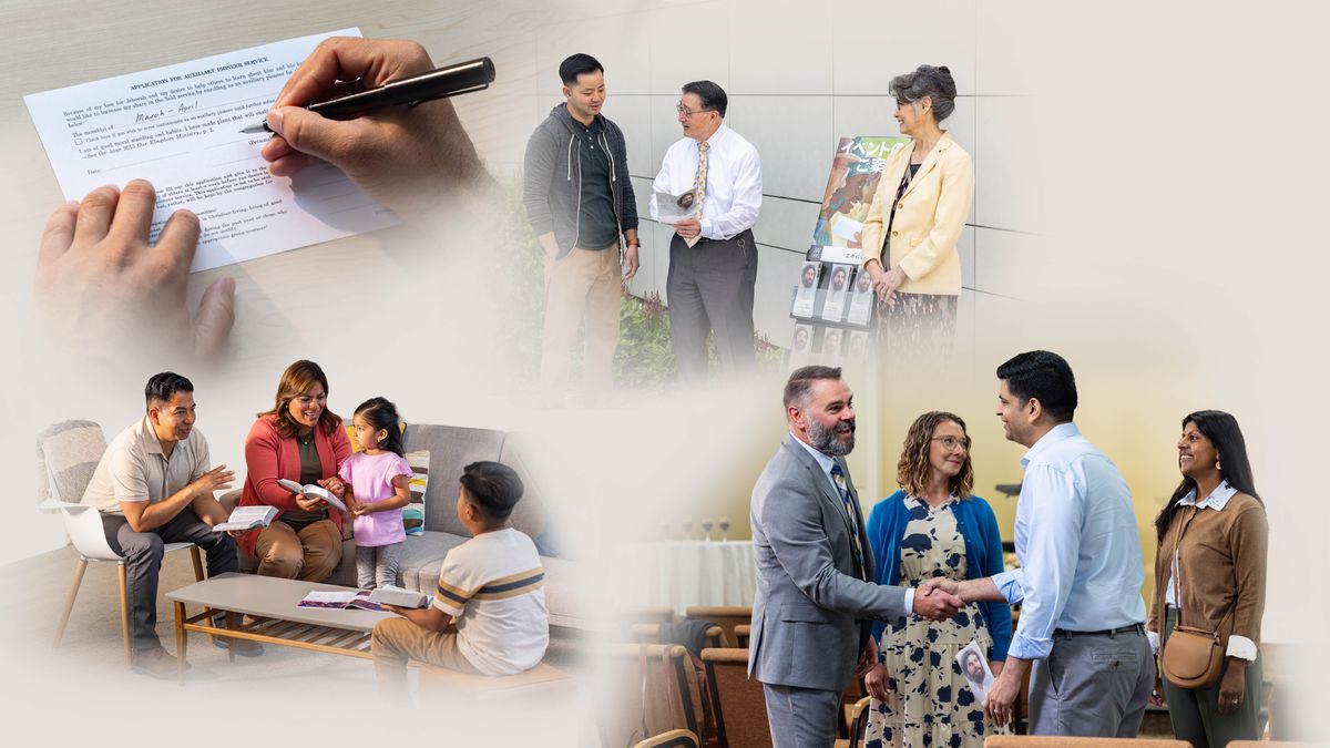 Collage: Hvordan du kan vise din taknemmelighed. 1. En forkynder udfylder en hjælpepioneransøgning. 2. En familiefar studerer sammen med sin hustru og sine to børn på deres familieaften. 3. Et ægtepar står ved standen. Broren tilbyder en mindehøjtidsinvitation til en mand. 4. Et ægtepar byder nogle gæster hjerteligt velkommen til mindehøjtiden.