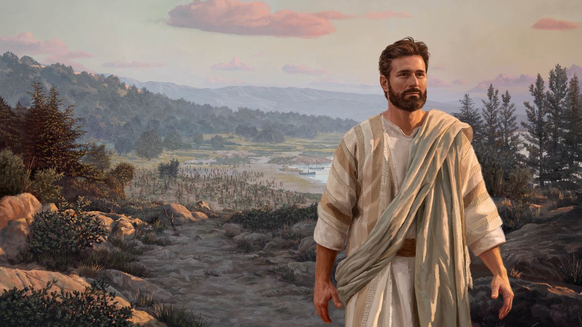 Jesus går alene op ad en bjergsti. Ved foden af bjerget står en stor gruppe mennesker.