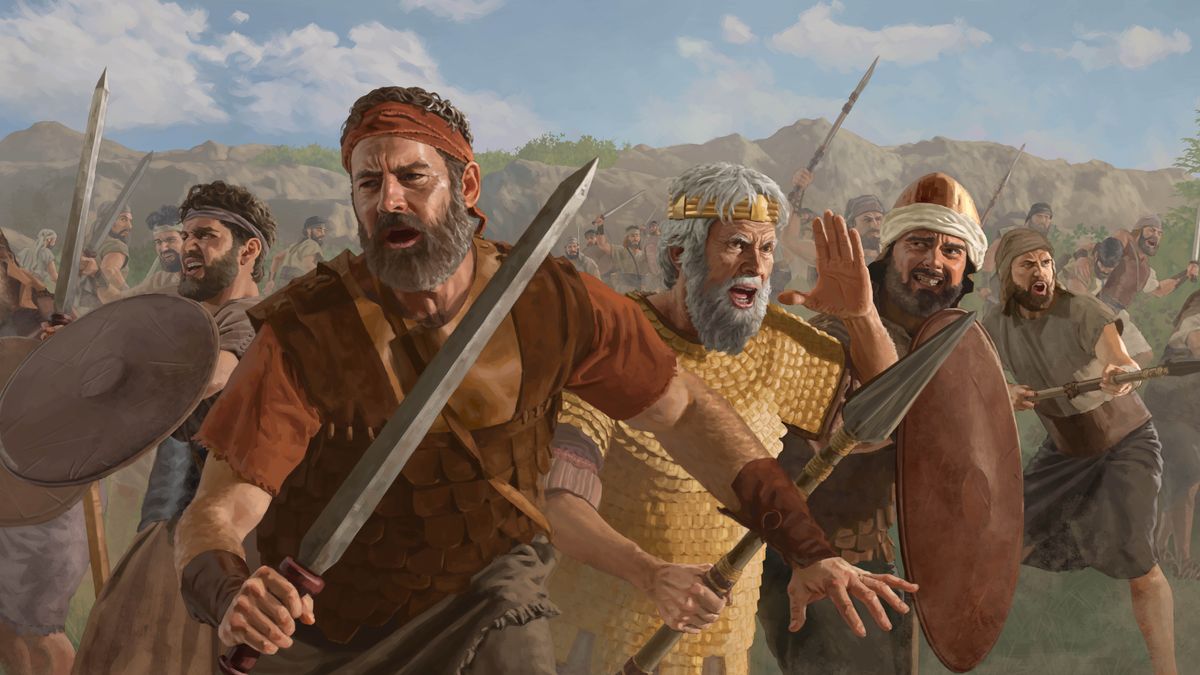 Jonatan, Saul og israelitiske soldater med sværd, spyd og skjolde på slagmarken.