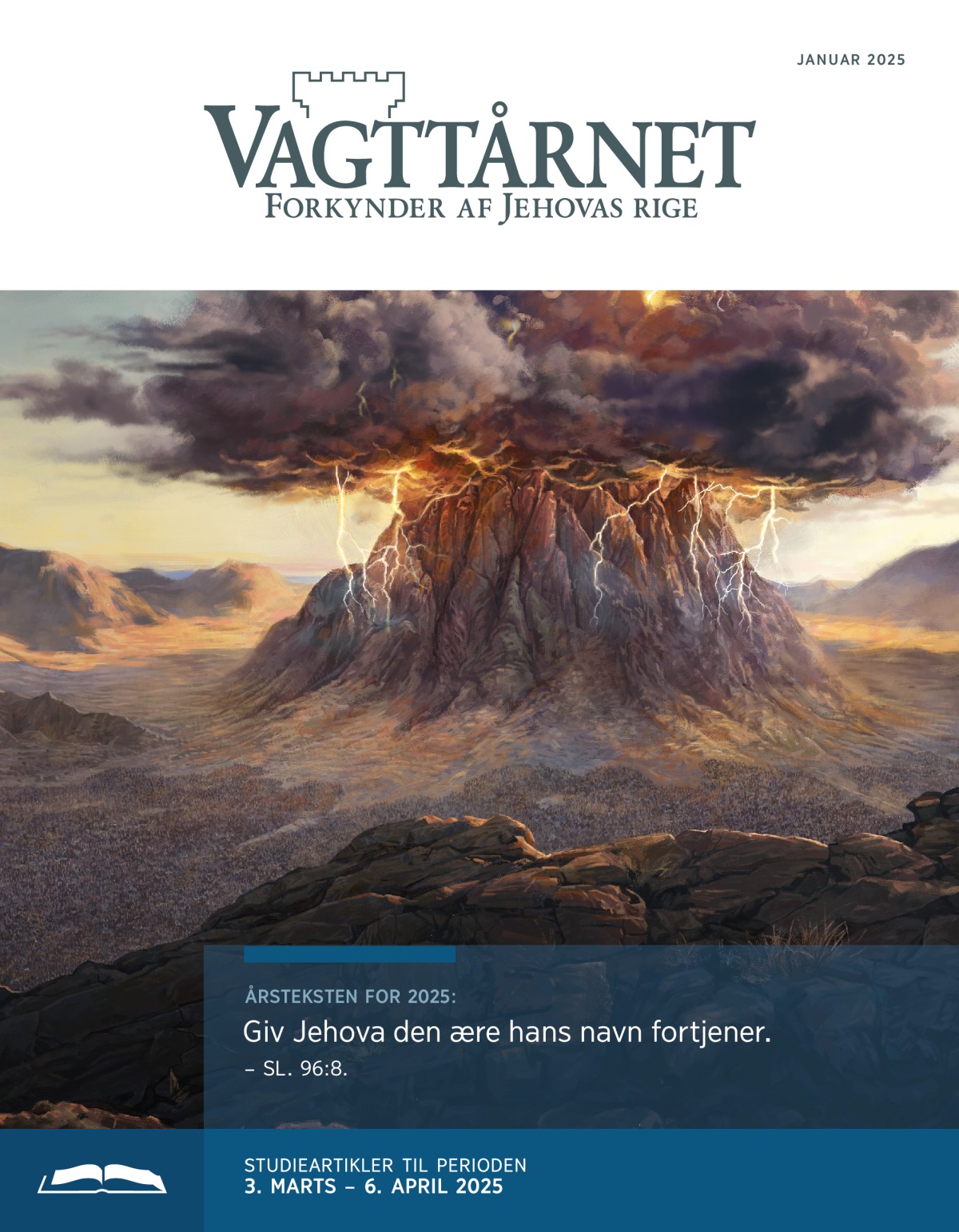 Mørke skyer omslutter Sinajs Bjerg mens det lyner og tordner. Israelitterne er samlet ved foden af bjerget.