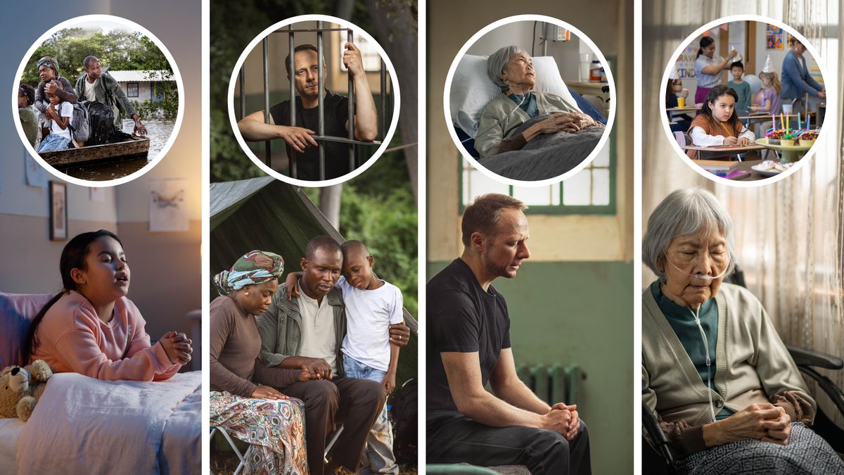 Collage: Brødre og søstre der selv kæmper med problemer, beder for andre. 1. En pige sidder i sin seng og beder. Et indsat billede viser en familie i en båd der flygter fra deres hjem, der er blevet oversvømmet. 2. Familien der er flygtet, beder sammen. Et indsat billede viser en bror i fængsel. 3. Den fængslede bror beder i sin celle. Et indsat billede viser en ældre søster der ligger i en hospitalsseng. 4. Den ældre søster beder. Et indsat billede viser pigen fra det første billede der sidder alene ved sit bord i klasseværelset mens de andre børn fejrer fødselsdag.