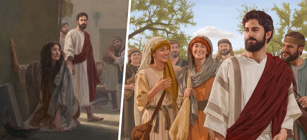 Collage: 1. Jesus lægger mærke til Maria Magdalene der sidder i en mørk gyde og er ked af det. 2. Maria Magdalene følges med Jesus og hans andre disciple. Hun smiler og er glad.