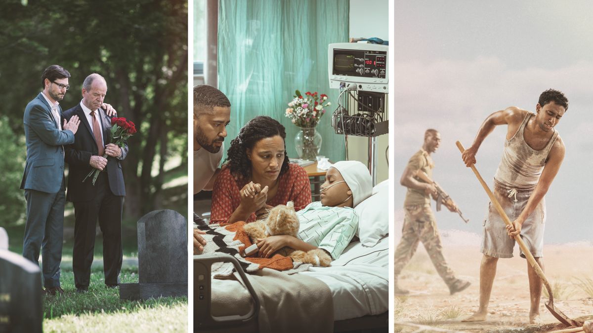 Billeder: Jehovas tjenere kæmper med forskellige ting. 1. En ældre bror bliver trøstet af en yngre bror mens de står foran en gravsten. 2. Fortvivlede forældre sidder ved siden af deres syge datter der er indlagt på hospitalet. 3. En fængslet bror står med en skovl og graver mens det er ekstremt varmt. En bevæbnet soldat holder øje med ham.