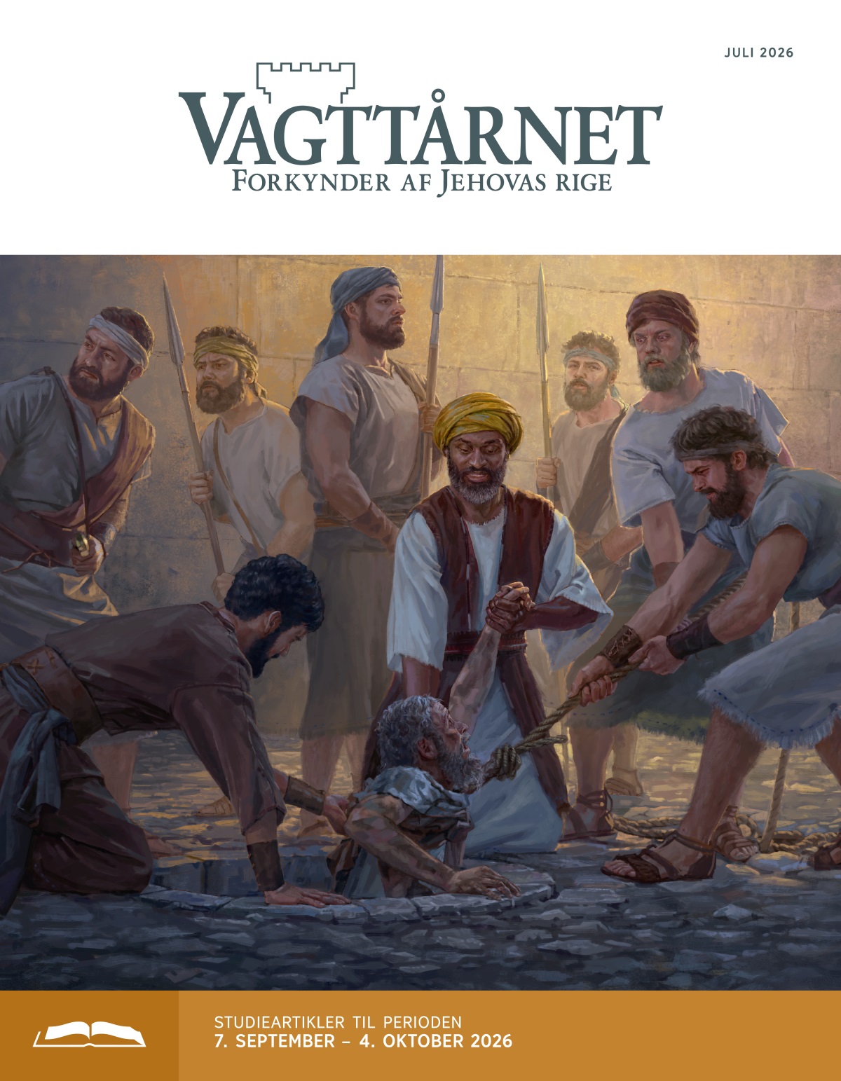 Ebed-Melek og flere andre trækker med et reb Jeremias op af en cisterne. Bevæbnede mænd står og holder udkig.