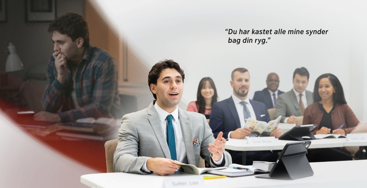 Collage: En bror har selv mærket det der står om Jehova i Esajas 38:17: “Du har kastet alle mine synder bag din ryg.” 1. Han er ked af det over noget forkert han har gjort. 2. Senere ser man ham overvære Pionerskolen og deltage aktivt i den.