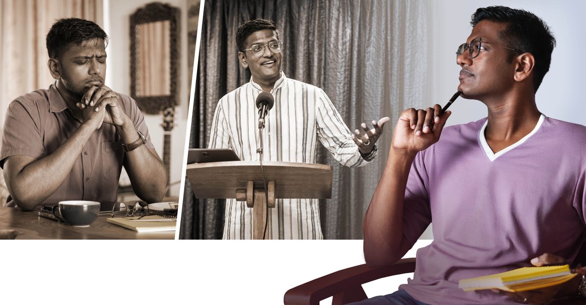 Collage: En bror tænker over en specifik oplevelse hvor han mærkede at Jehova hjalp ham. 1. Bekymret beder han om hjælp til at klare en opgave han har fået til mødet. 2. Han står på podiet og holder sit punkt på en god måde.