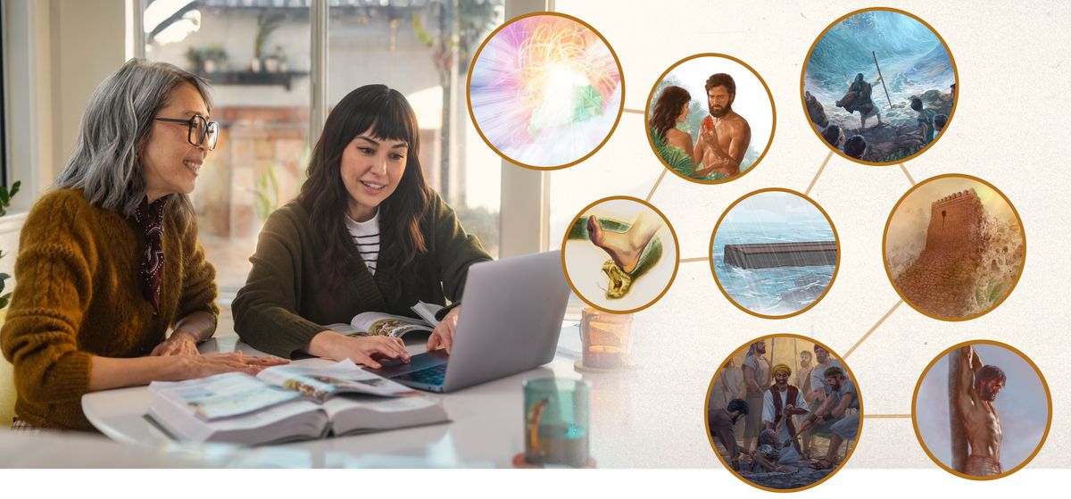 Collage: Søsteren taler med kvinden om hvad hun har lært indtil nu i sit studie. 1. Jehova sidder på sin trone i himlen. 2. Adam og Eva har plukket en frugt af det træ Jehova havde forbudt dem at røre, og overvejer om de skal spise den. 3. En hæl knuser hovedet på en slange. 4. Noas ark flyder på vandet under Vandfloden. 5. Moses deler Det Røde Hav. 6. Rahabs hjem bliver stående mens Jerikos mure kollapser. 7. Ebed-Melek trækker Jeremias op af en cisterne. 8. Jesus hænger på en pæl.