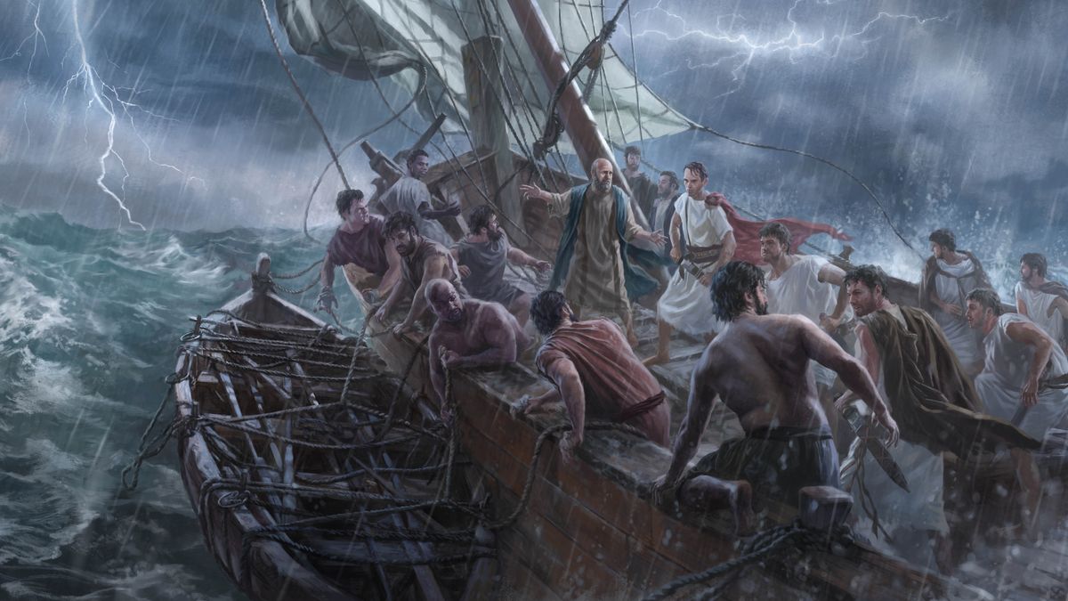 Paulus beder indtrængende sømændene om ikke at flygte i skibets redningsbåd. Samtidig bliver skibet kastet rundt af en voldsom storm.