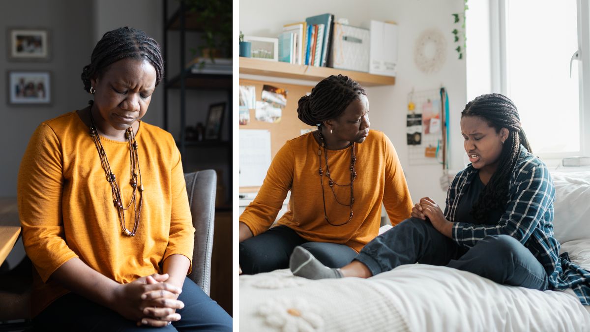 Collage: En mor prøver at nå sin datters hjerte. 1. Hun beder inderligt for sig selv. 2. Hun lytter opmærksomt til sin datter, der fortæller om sine følelser.