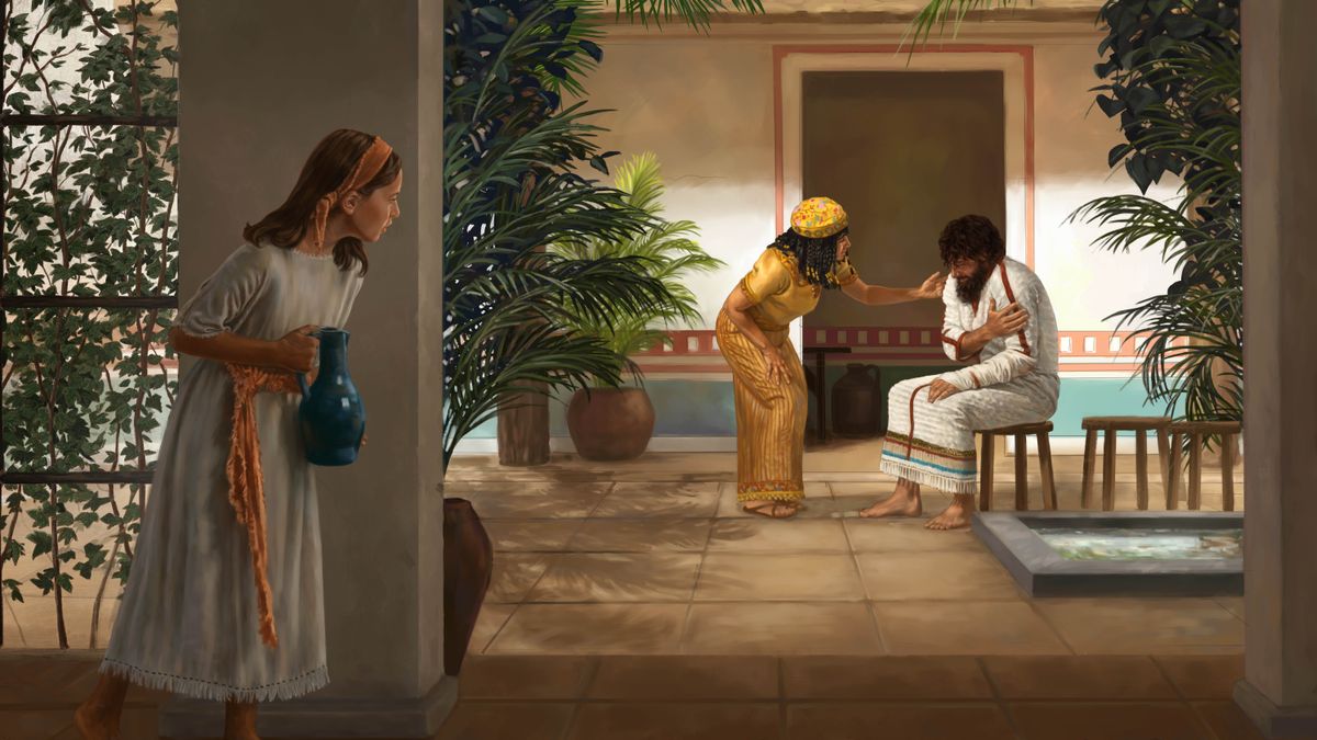 Den lille israelitiske pige i den spedalske Naamans hus. Hun står bag en søjle og ser at Naamans hustru prøver at trøste ham.