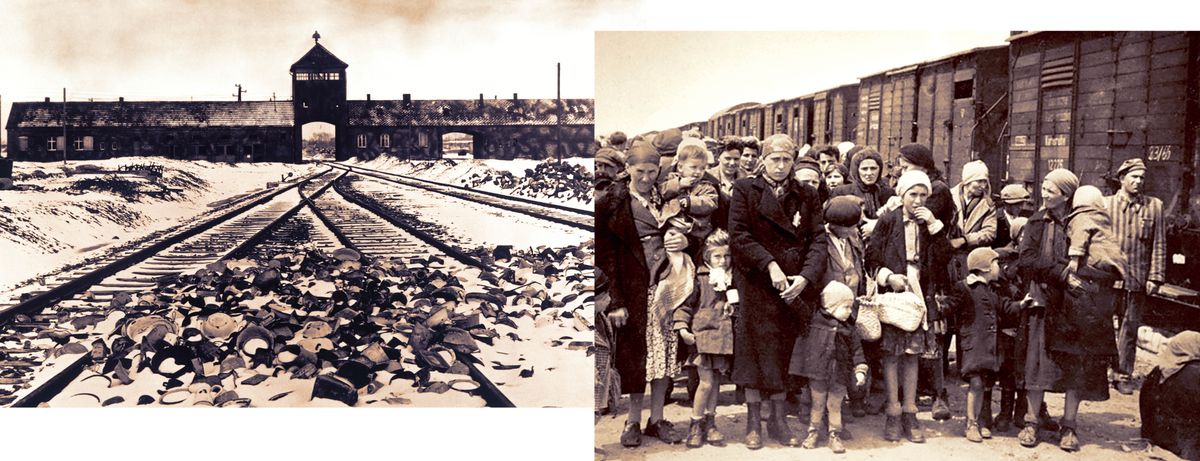 Bilder: 1. Schienen, die zum KZ Auschwitz führen. 2. Eine Gruppe von Frauen und Kindern, die im KZ Auschwitz neben einem Waggon stehen.