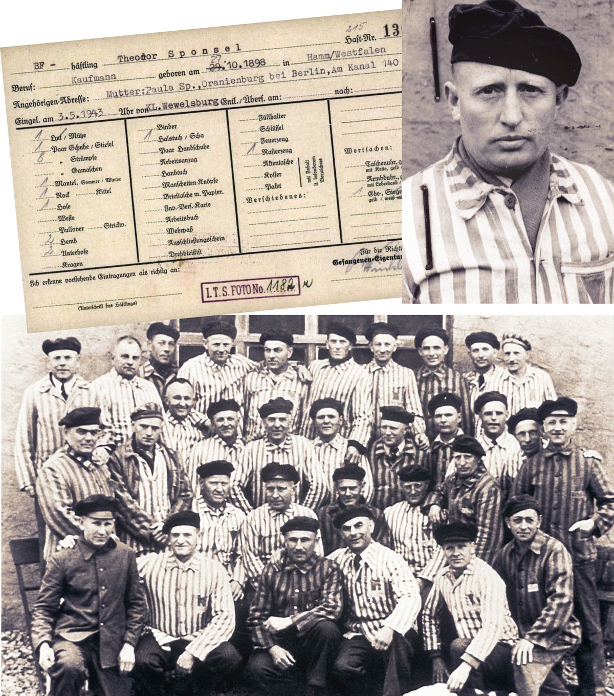 Bilder: 1. Häftlingsausweis von Theodor Sponsel. 2. Theodor Sponsel in seiner Häftlingsuniform. 3. Eine Gruppe von Zeugen Jehovas nach ihrer Befreiung aus einem Konzentrations­lager.