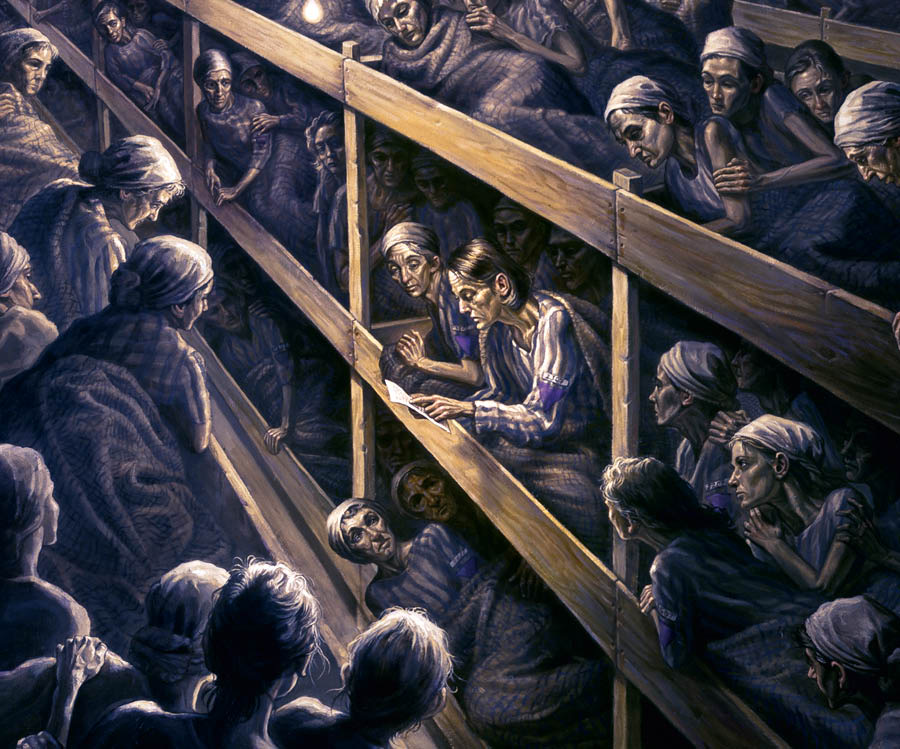 Zeuginnen Jehovas in einem Konzentrations­lager für Frauen. Eine von ihnen liest den anderen in der Baracke biblische Literatur vor.