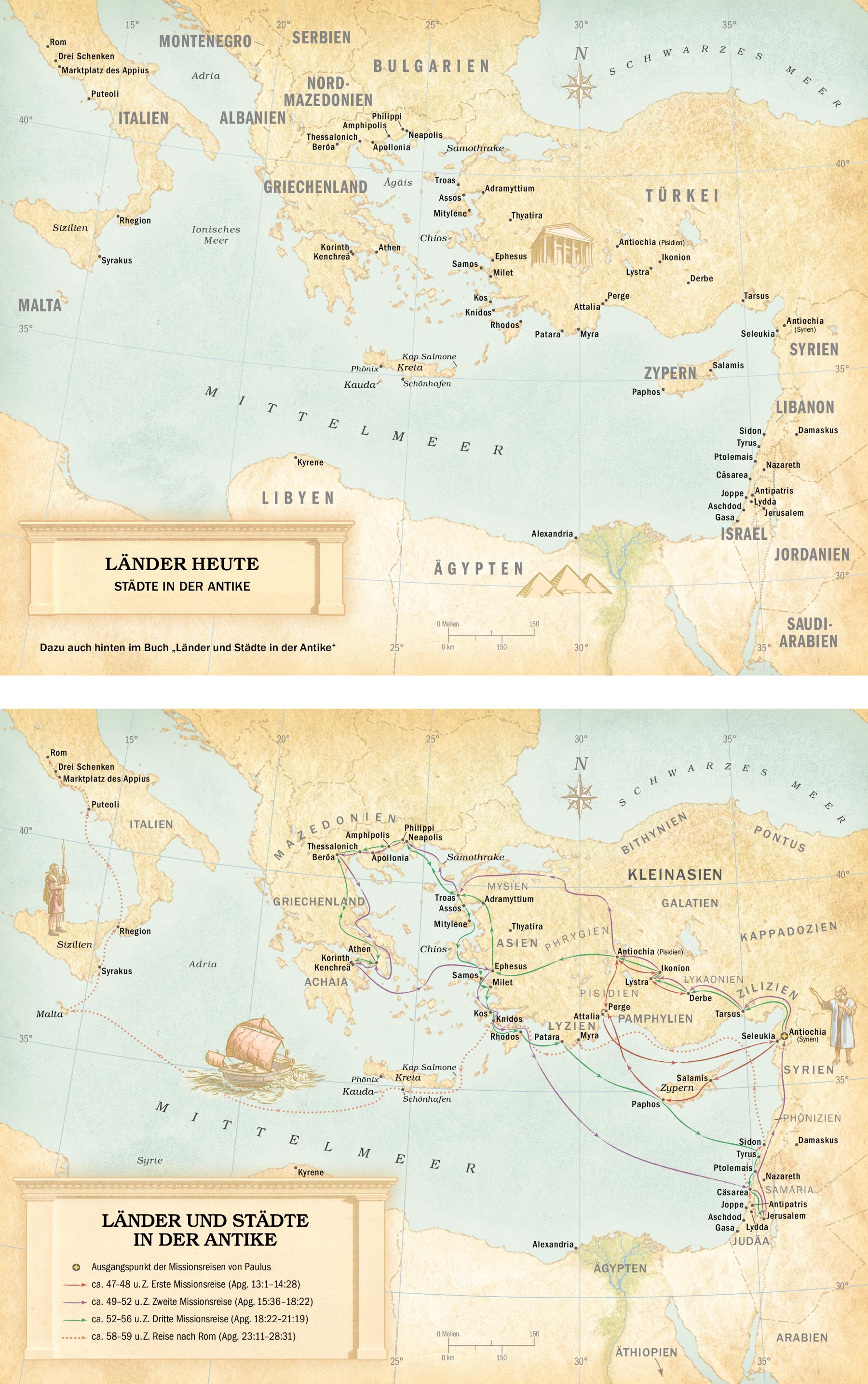 Karten: 1. Eine Karte mit Ländern heute und Städten der Antike. 2. Eine Karte mit Ländern und Städten der Antike sowie den Routen der drei Missionsreisen von Paulus und der Route seiner Reise nach Rom.