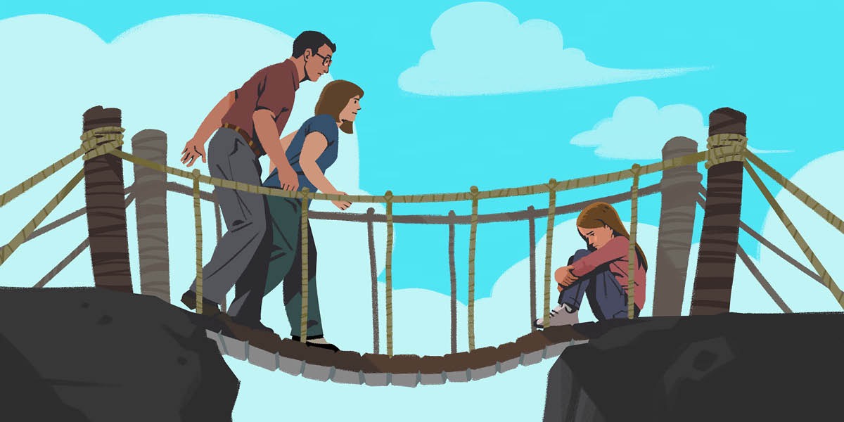 Eltern gehen über eine Brücke zu ihrer Tochter