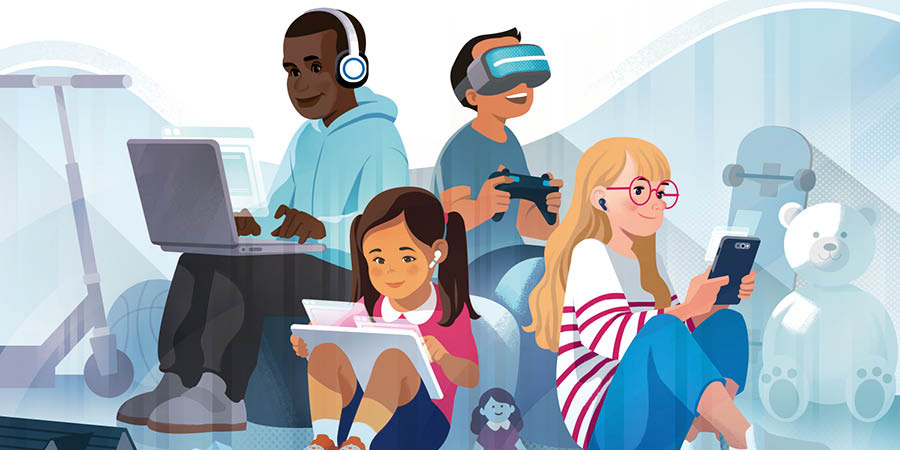 Kinder verschiedenen Alters beschäftigen sich mit elektronischen Geräten; Spielzeuge und Sportgeräte stehen in der Ecke.