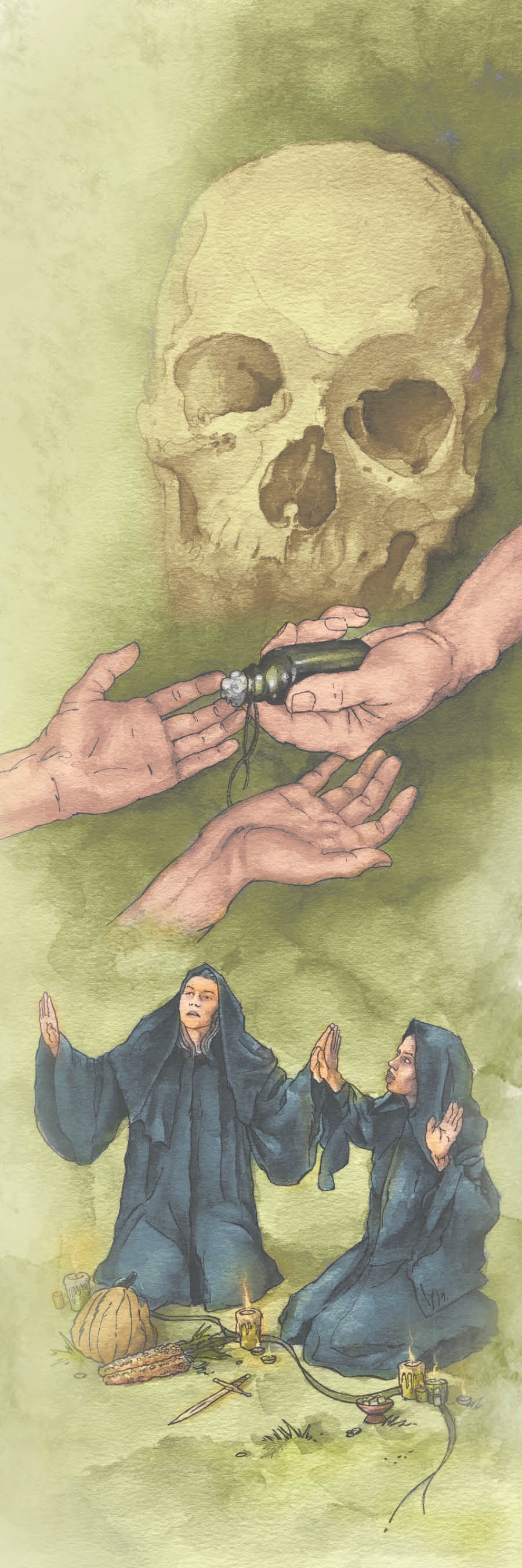 Ein menschlicher Schädel, Medizin mit angeblich magischer Wirkung und Personen bei einem okkulten Ritual