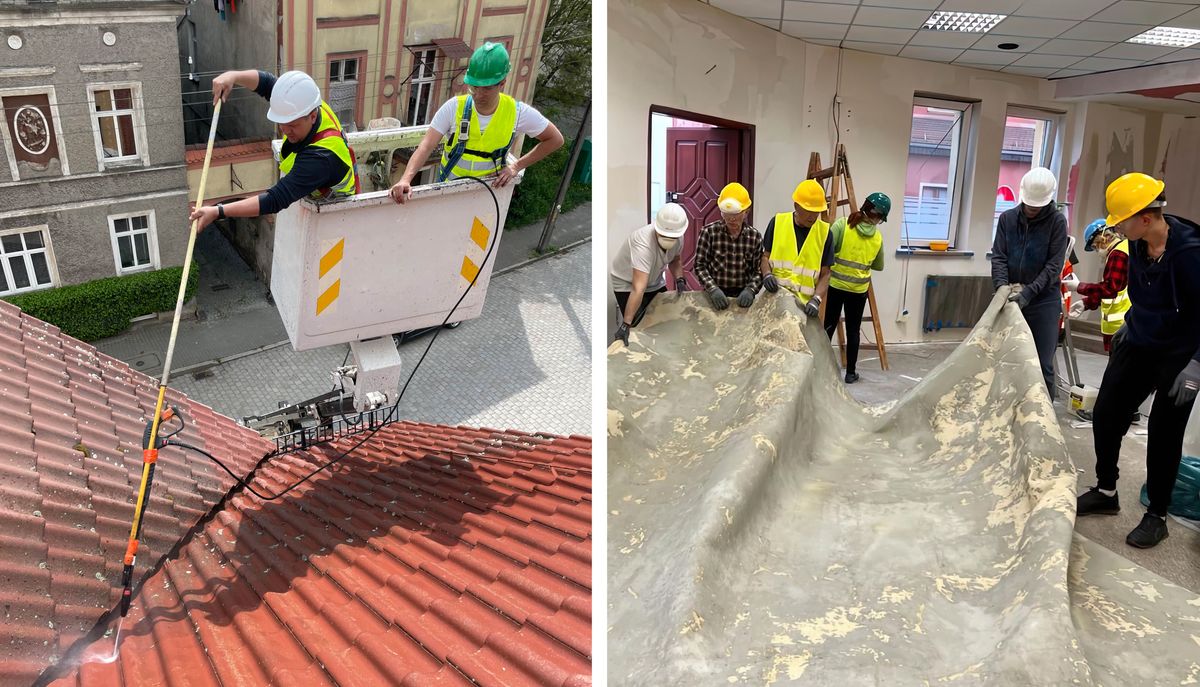 Zwei Bilder zeigen die Renovierung eines Königreichssaals. Links: Zwei Brüder auf einer Hebebühne reinigen das Dach mit einem Hochdruckreiniger. Rechts: Brüder entfernen den alten Teppichboden.