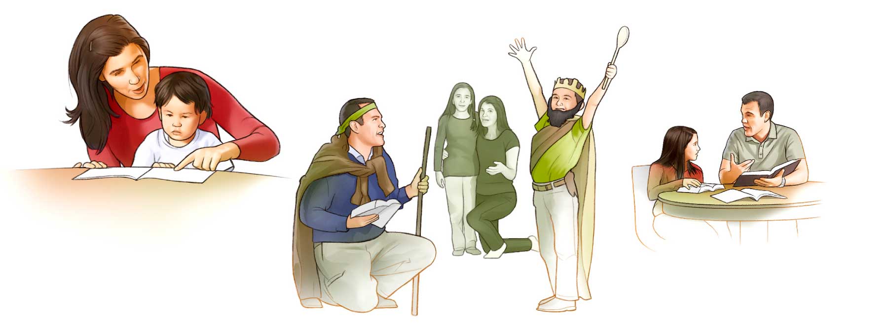 Eine Mutter liest ihrem kleinen Kind vor; eine Familie spielt eine biblische Geschichte nach; ein Vater studiert mit seiner Tochter