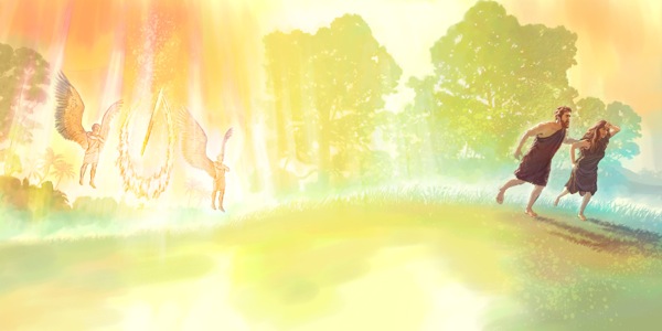 Adam und Eva werden aus dem Garten Eden vertrieben und Engel (Cherube) bewachen den Eingang