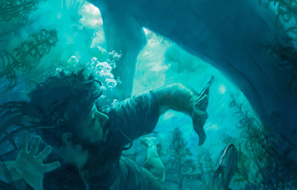 Jona sinkt in die Tiefe des Meeres und ein großer Fisch schwimmt über ihm