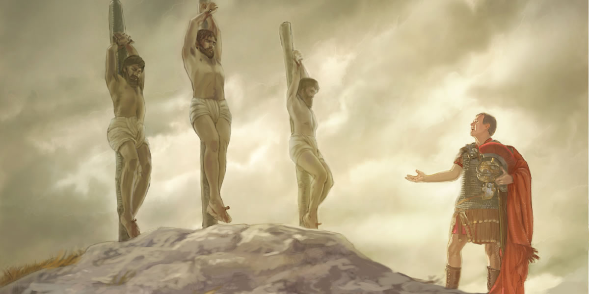 Jesus hängt zwischen den beiden Verbrechern tot am Pfahl und ein römischer Offizier sagt: „Dieser Mann war wirklich Gottes Sohn“