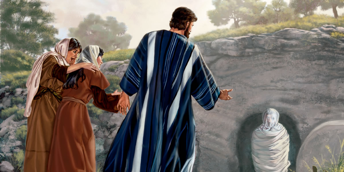 Maria und Martha sehen zu, als Jesus ihren Bruder Lazarus auferweckt