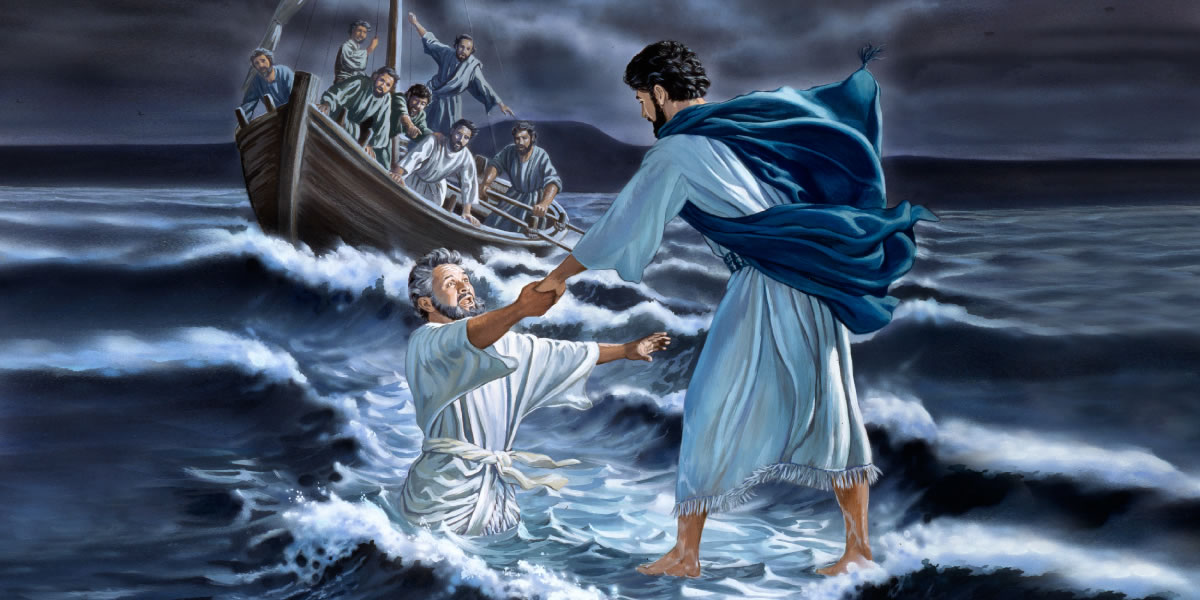 Petrus geht auf dem Wasser, aber dann beginnt er zu sinken; Jesus streckt seine Hand aus und packt ihn