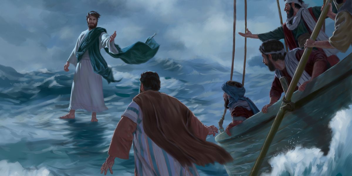 Jesus geht auf dem Wasser und fordert Petrus auf, ihm entgegenzukommen