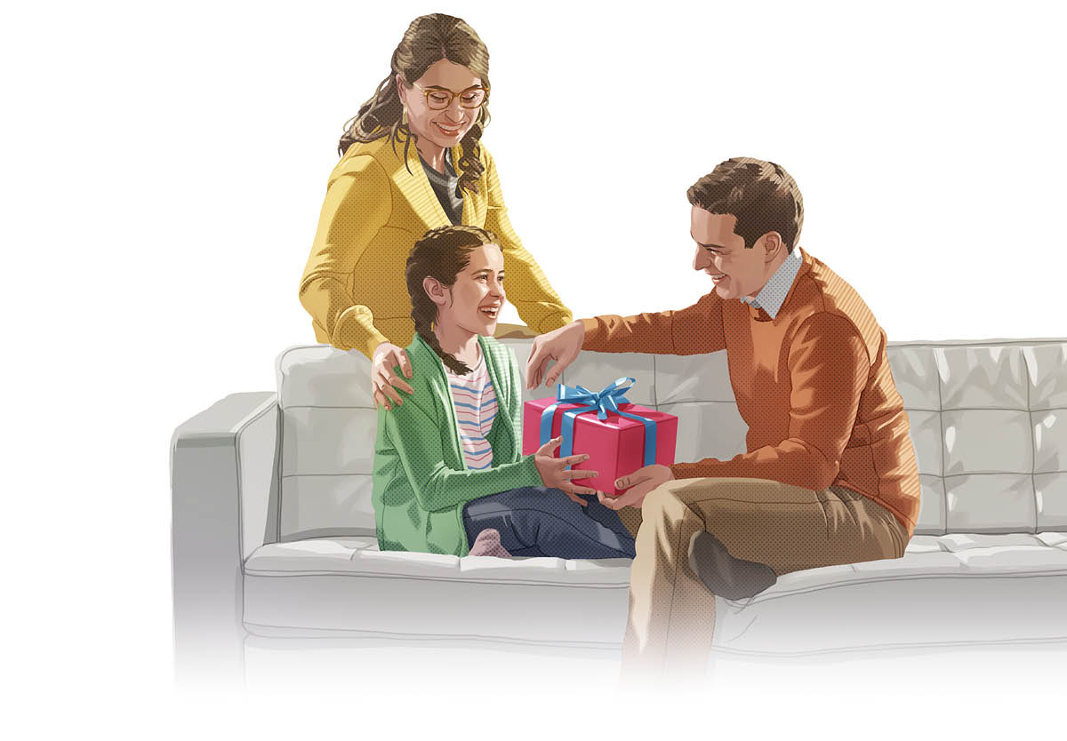 Ein Mädchen bekommt von ihren Eltern ein Überraschungsgeschenk.