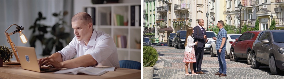 Collage: Szenen aus dem Video „Fußball war mein Leben“. 1. Andrij fängt wieder an, die Bibel zu studieren. 2. Andrij ist mit seiner Tochter im Predigtdienst.