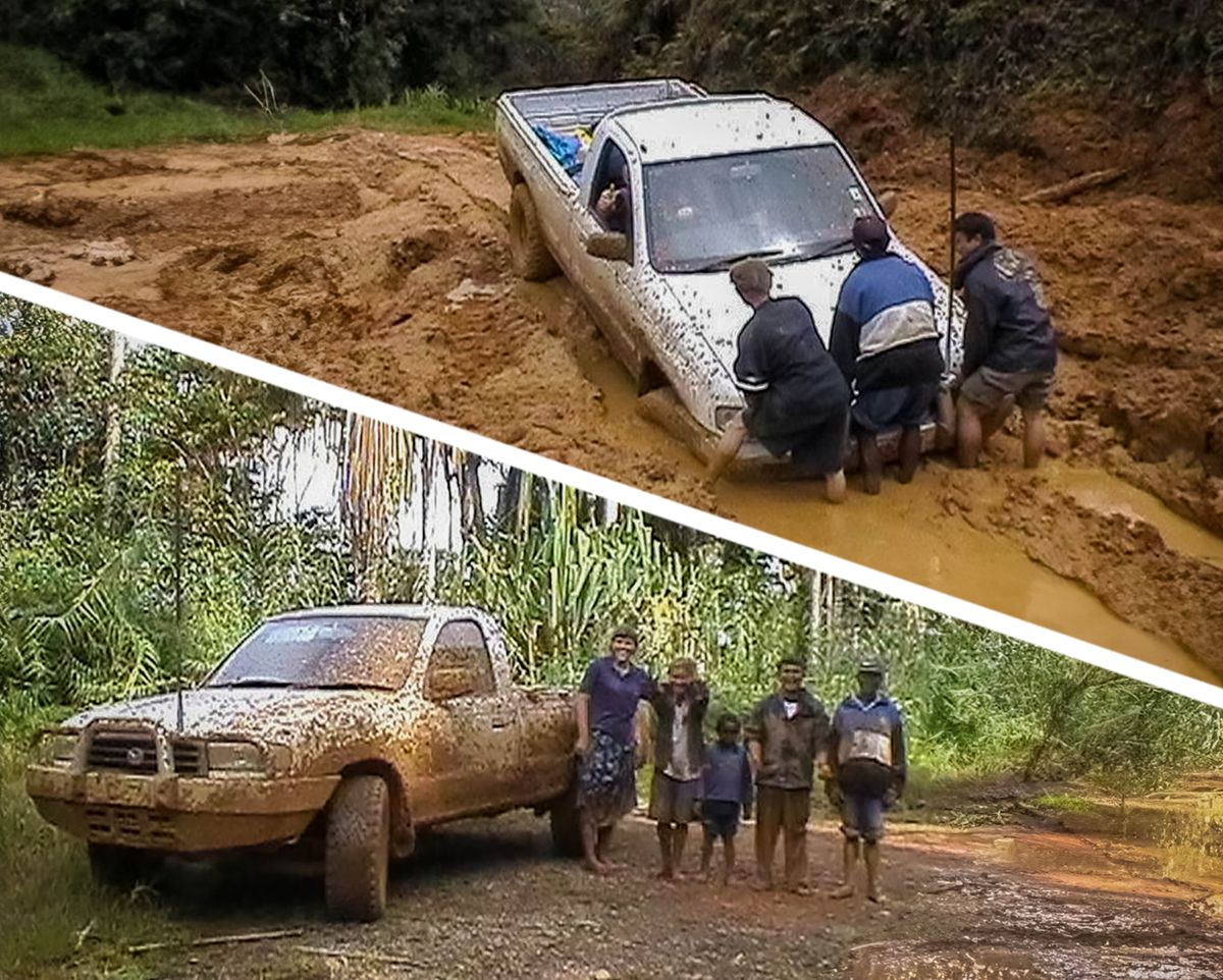 Collage: 1. Drei Verkündiger versuchen gemeinsam, Reynolds Pick-up aus dem Schlamm zu schieben. 2. Später steht Leann mit den drei Verkündigern neben dem Pick-up; ihre Kleidung ist voller Schlamm.