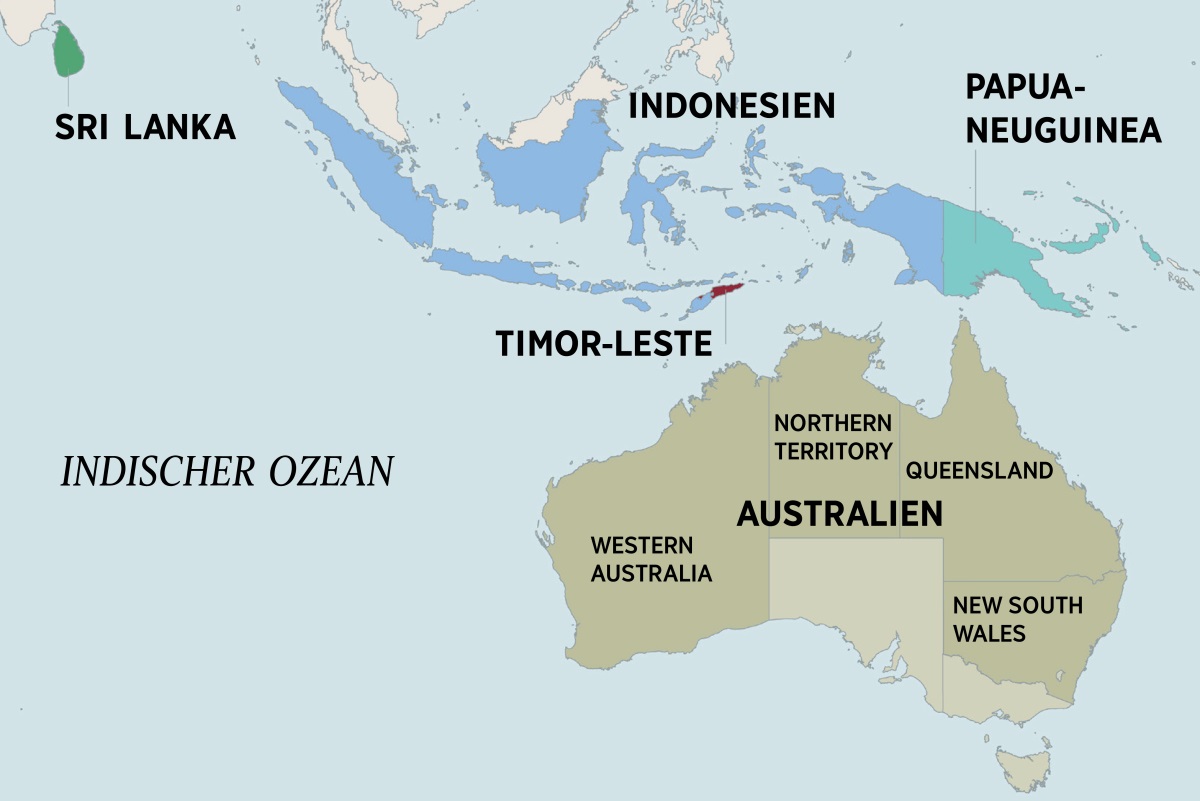 Eine Karte von Australien und den umliegenden Ländern, darunter Sri Lanka, Indonesien, Papua-Neuguinea und Timor-Leste. Die Karte von Australien zeigt das Northern Territory und die Bundesstaaten Western Australia, Queensland und New South Wales.