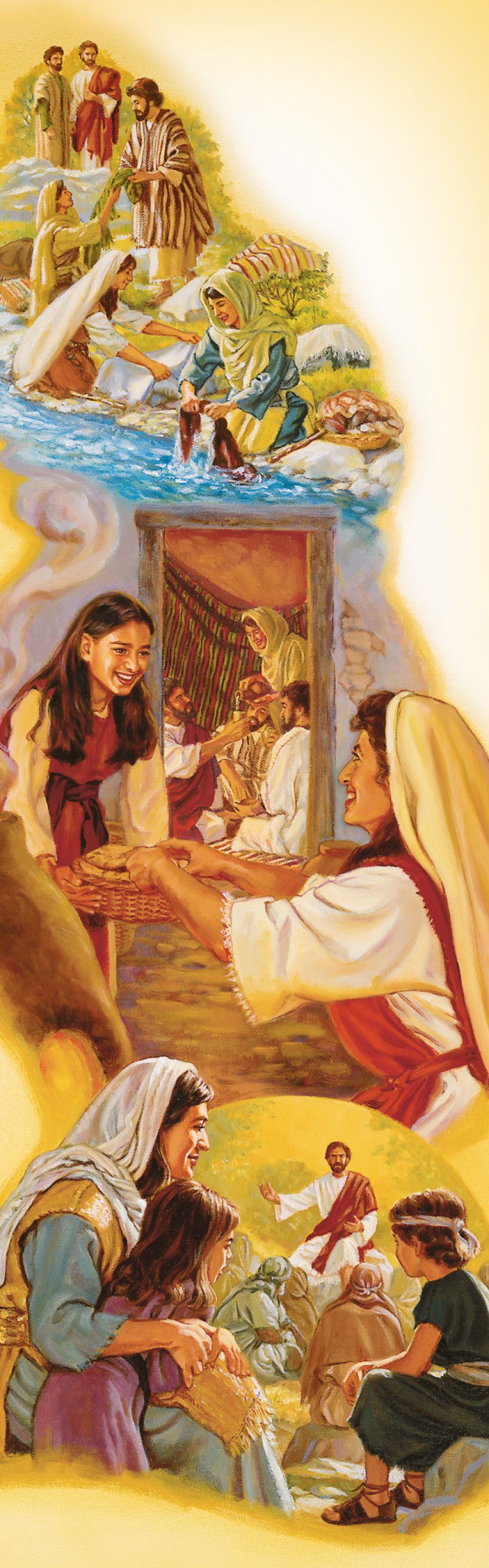 Jüngerinnen von Jesus, die ihn begleiten, helfen beim Wäschewaschen und Essenkochen